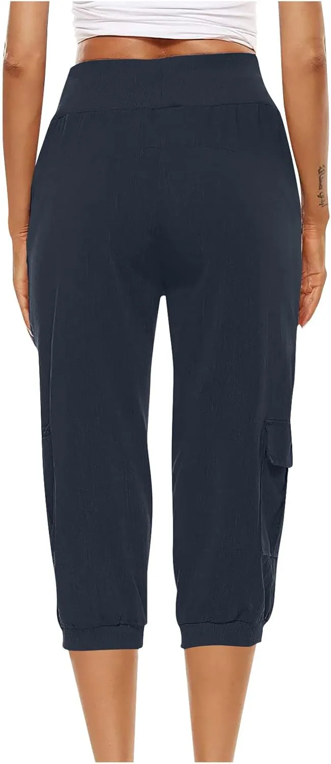 Womens Cotton Linen Cargo Capris Pants Plus Size Loose Fit Hiking Pants Casual Lightweight Jogger Shorts with Pocket
