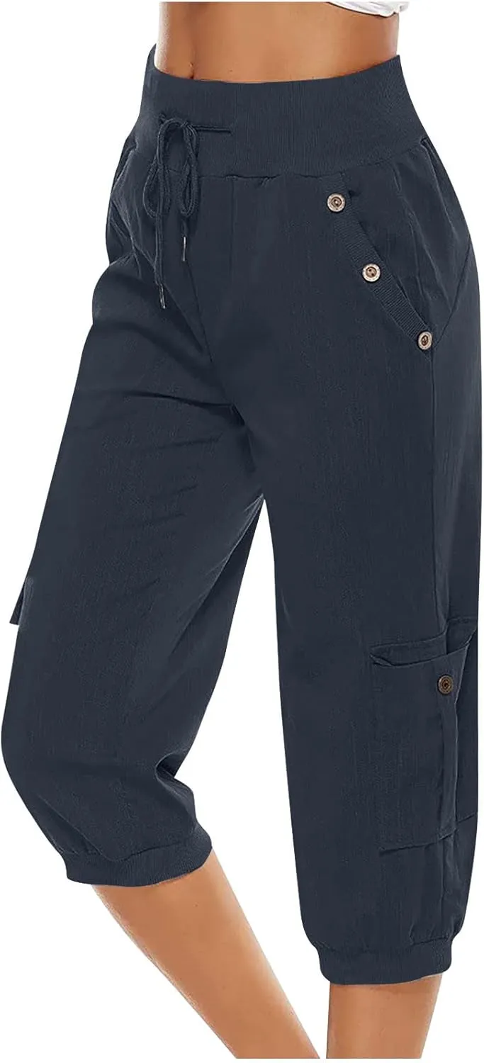 Womens Cotton Linen Cargo Capris Pants Plus Size Loose Fit Hiking Pants Casual Lightweight Jogger Shorts with Pocket