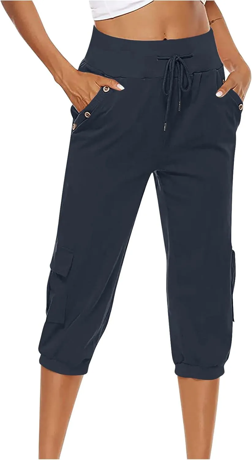 Womens Cotton Linen Cargo Capris Pants Plus Size Loose Fit Hiking Pants Casual Lightweight Jogger Shorts with Pocket