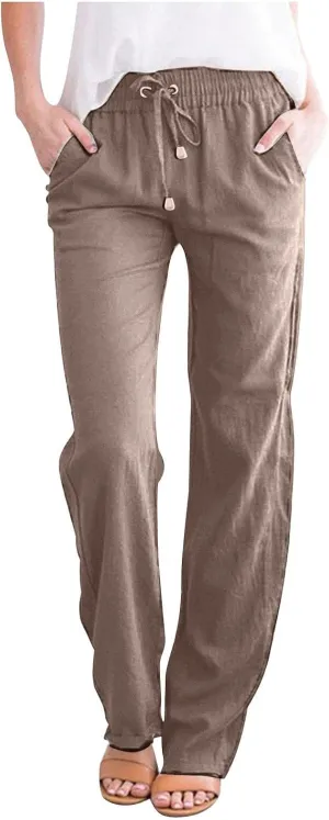 Women's Cotton Linen Straight Leg Pants Casual Drawstring Elastic Waist Trousers with Pockets Beach Lounge Pant