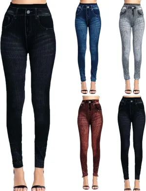 Women's Denim Print Fake Jeans Seamless Leggings, Full Length X-Small - 3X-Large