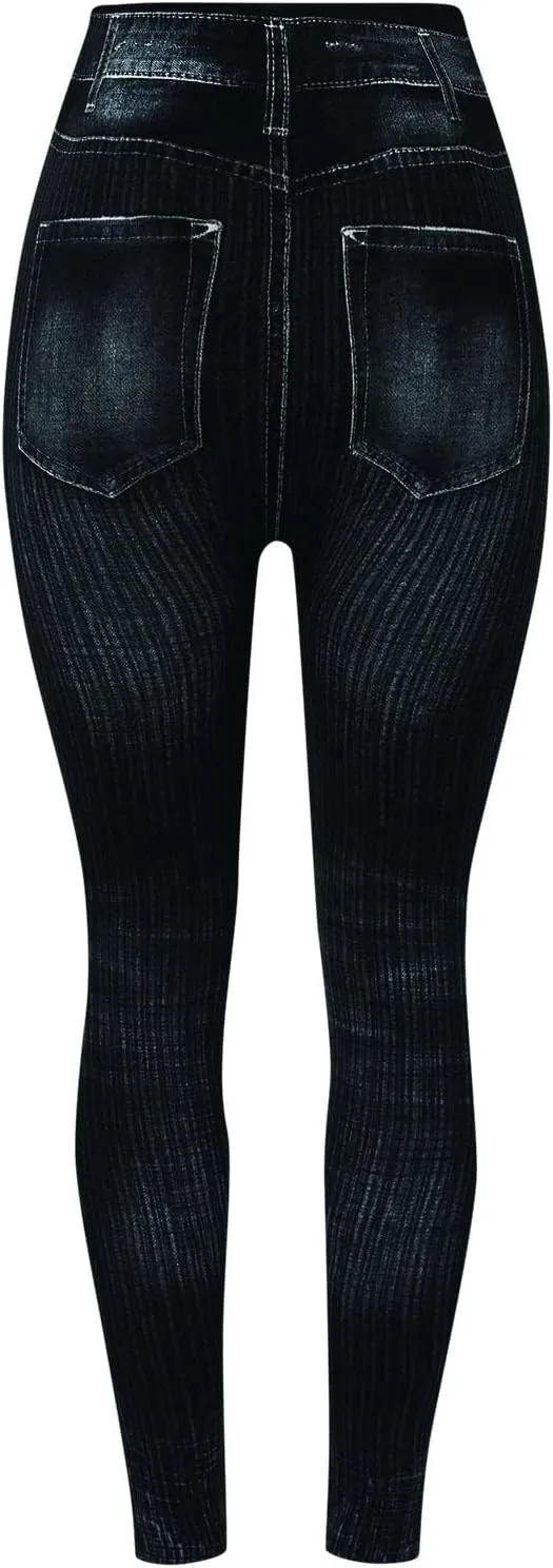 Women's Denim Print Fake Jeans Seamless Leggings, Full Length X-Small - 3X-Large