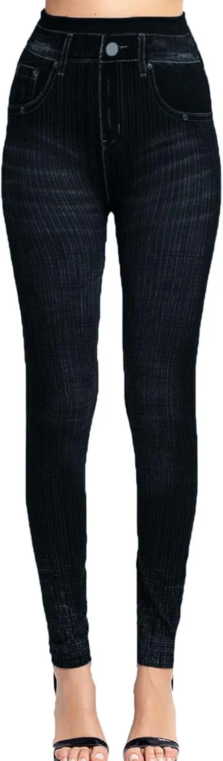 Women's Denim Print Fake Jeans Seamless Leggings, Full Length X-Small - 3X-Large