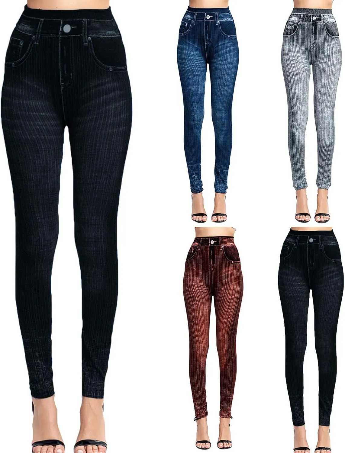 Women's Denim Print Fake Jeans Seamless Leggings, Full Length X-Small - 3X-Large