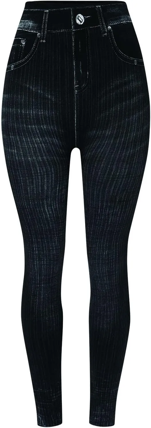 Women's Denim Print Fake Jeans Seamless Leggings, Full Length X-Small - 3X-Large