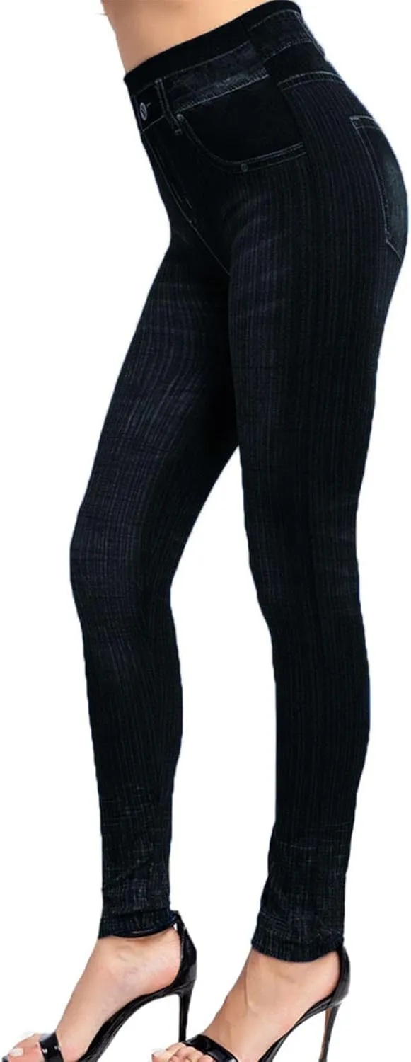 Women's Denim Print Fake Jeans Seamless Leggings, Full Length X-Small - 3X-Large