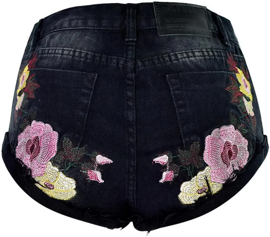 Womens Embroidered Floral Denim Shorts Slim High Rise Plus Size Raw Edge Hem Stretch Jean Shorts