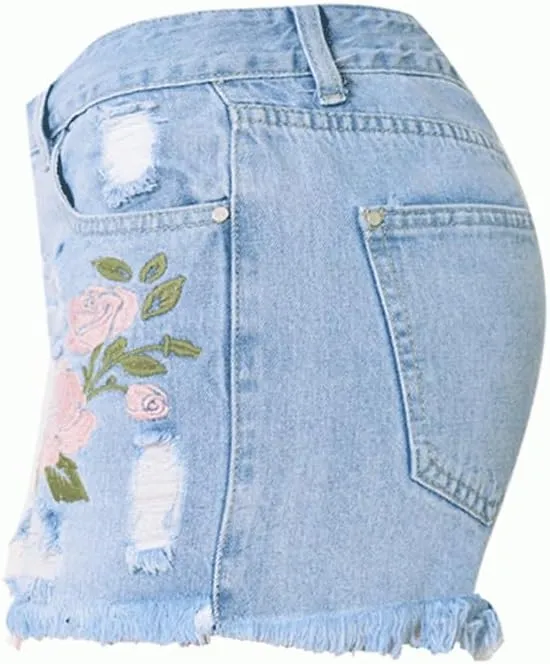 Womens Embroidered Floral Denim Shorts Slim High Rise Plus Size Raw Edge Hem Stretch Jean Shorts
