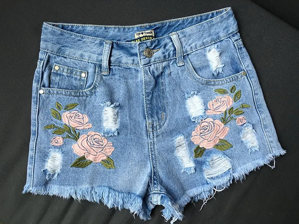 Womens Embroidered Floral Denim Shorts Slim High Rise Plus Size Raw Edge Hem Stretch Jean Shorts