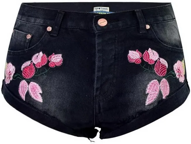 Womens Embroidered Floral Denim Shorts Slim High Rise Plus Size Raw Edge Hem Stretch Jean Shorts