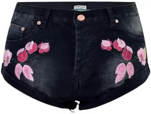 Womens Embroidered Floral Denim Shorts Slim High Rise Plus Size Raw Edge Hem Stretch Jean Shorts