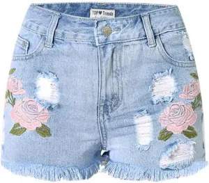 Womens Embroidered Floral Denim Shorts Slim High Rise Plus Size Raw Edge Hem Stretch Jean Shorts