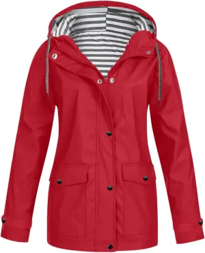 Womens Fashion Hooded Rain Jacket 2024 Lightweight Trench Coat Long Sleeve Windbreaker Zip Up Drawstring Raincoat