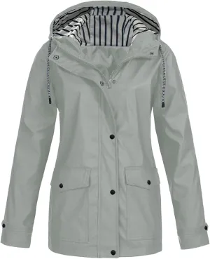 Womens Fashion Hooded Rain Jacket 2024 Lightweight Trench Coat Long Sleeve Windbreaker Zip Up Drawstring Raincoat