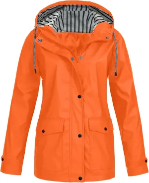 Womens Fashion Hooded Rain Jacket 2024 Lightweight Trench Coat Long Sleeve Windbreaker Zip Up Drawstring Raincoat