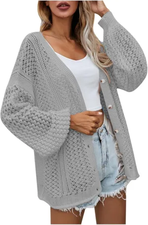 Women's Fashion Long Sleeve Open Front Crochet Hollow Out Lightweight Loose Button Down Knit Cardigan Sweater Outwear