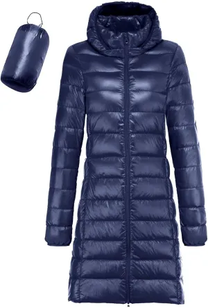 Women's Fashion Winter Packable Down Jacket Plus Size Lightweight Long Down Outerwear Puffer Jacket Hooded Coat