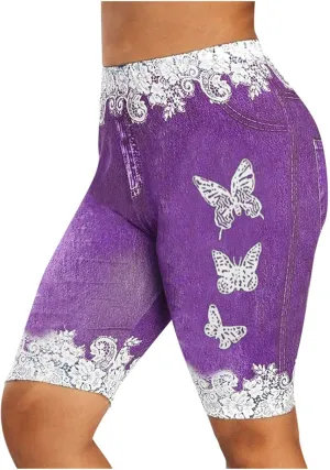 Womens Faux Jeans Shorts Elastic High Waisted Fashion Butterfly Print Leggings Like Denim Shorts Plus Size Casual Yoga Shorts