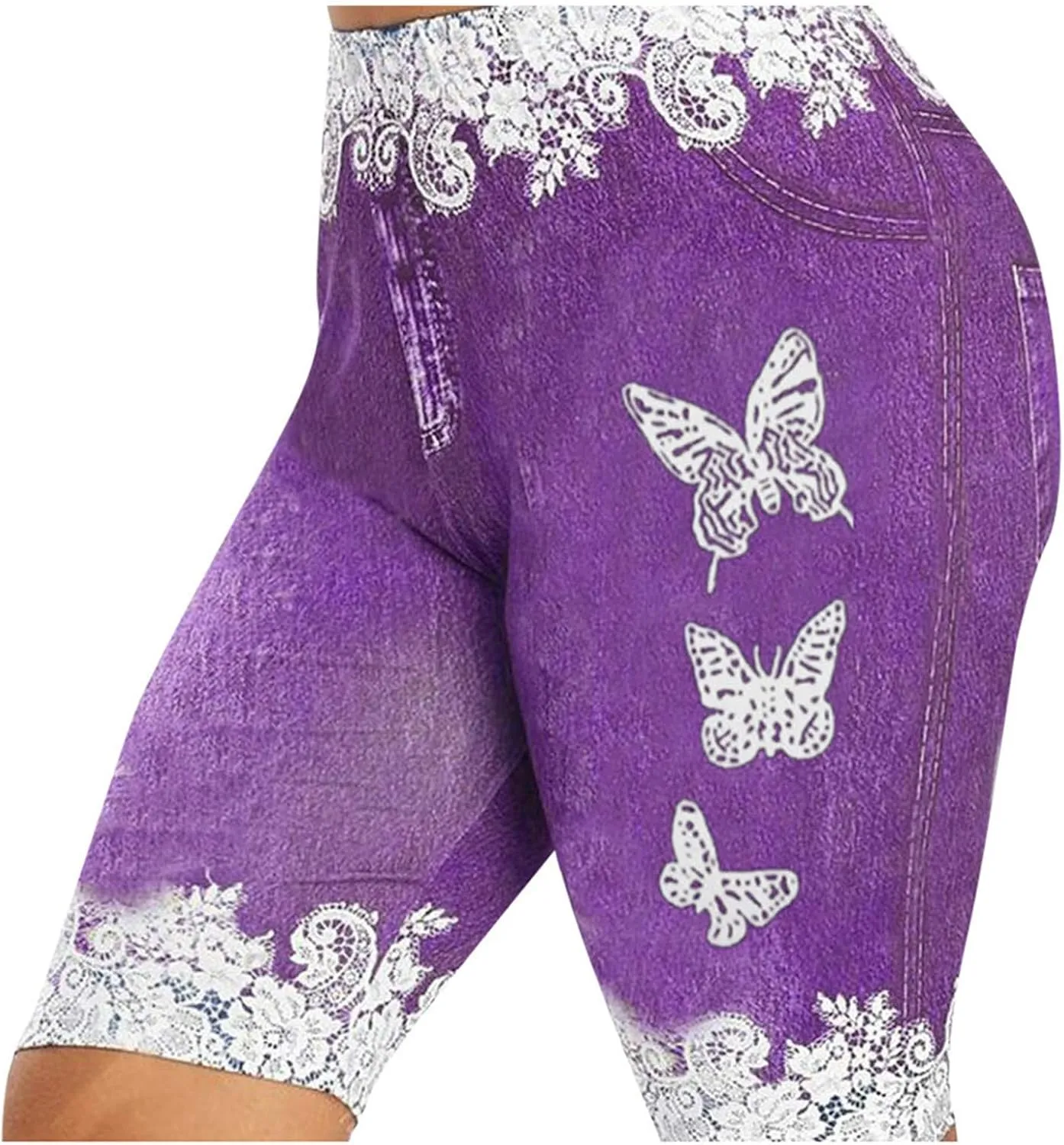 Womens Faux Jeans Shorts Elastic High Waisted Fashion Butterfly Print Leggings Like Denim Shorts Plus Size Casual Yoga Shorts