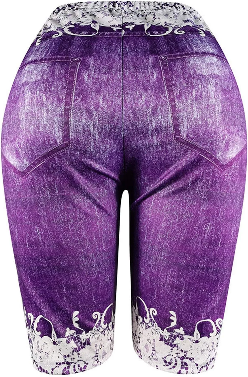 Womens Faux Jeans Shorts Elastic High Waisted Fashion Butterfly Print Leggings Like Denim Shorts Plus Size Casual Yoga Shorts