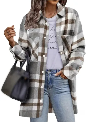 Womens Flannel Plaid Shacket 2024 Fall Winter Trendy Casual Button Down Tartan Trench Coat Boyfriend Long Jacket Coats