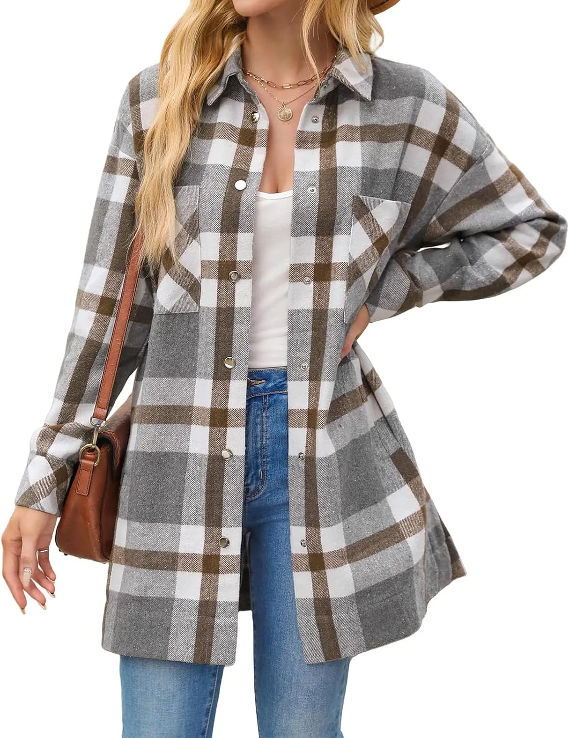 Womens Flannel Plaid Shacket 2024 Fall Winter Trendy Casual Button Down Tartan Trench Coat Boyfriend Long Jacket Coats
