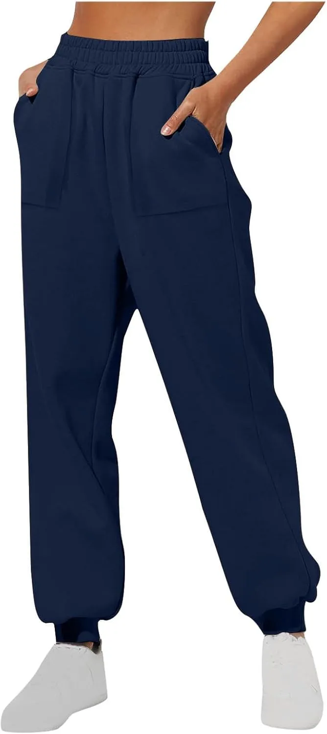 Womens Fleece Lined Baggy Cinch Bottom Sweatpants Sport Solid Color Yoga with Pockets Trousers Loose Fit Casual Soft