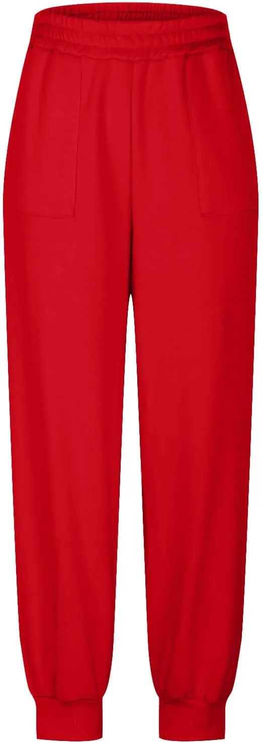 Womens Fleece Lined Baggy Cinch Bottom Sweatpants Sport Solid Color Yoga with Pockets Trousers Loose Fit Casual Soft