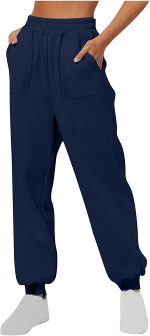 Womens Fleece Lined Baggy Cinch Bottom Sweatpants Sport Solid Color Yoga with Pockets Trousers Loose Fit Casual Soft