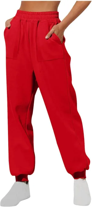 Womens Fleece Lined Baggy Cinch Bottom Sweatpants Sport Solid Color Yoga with Pockets Trousers Loose Fit Casual Soft