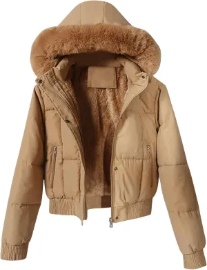 Womens Fleece Lined Puffer Jacket Cropped Down Jacket Fur Hood Winter Jacket Zip up Quilted Jacket Winter Padded Jacket