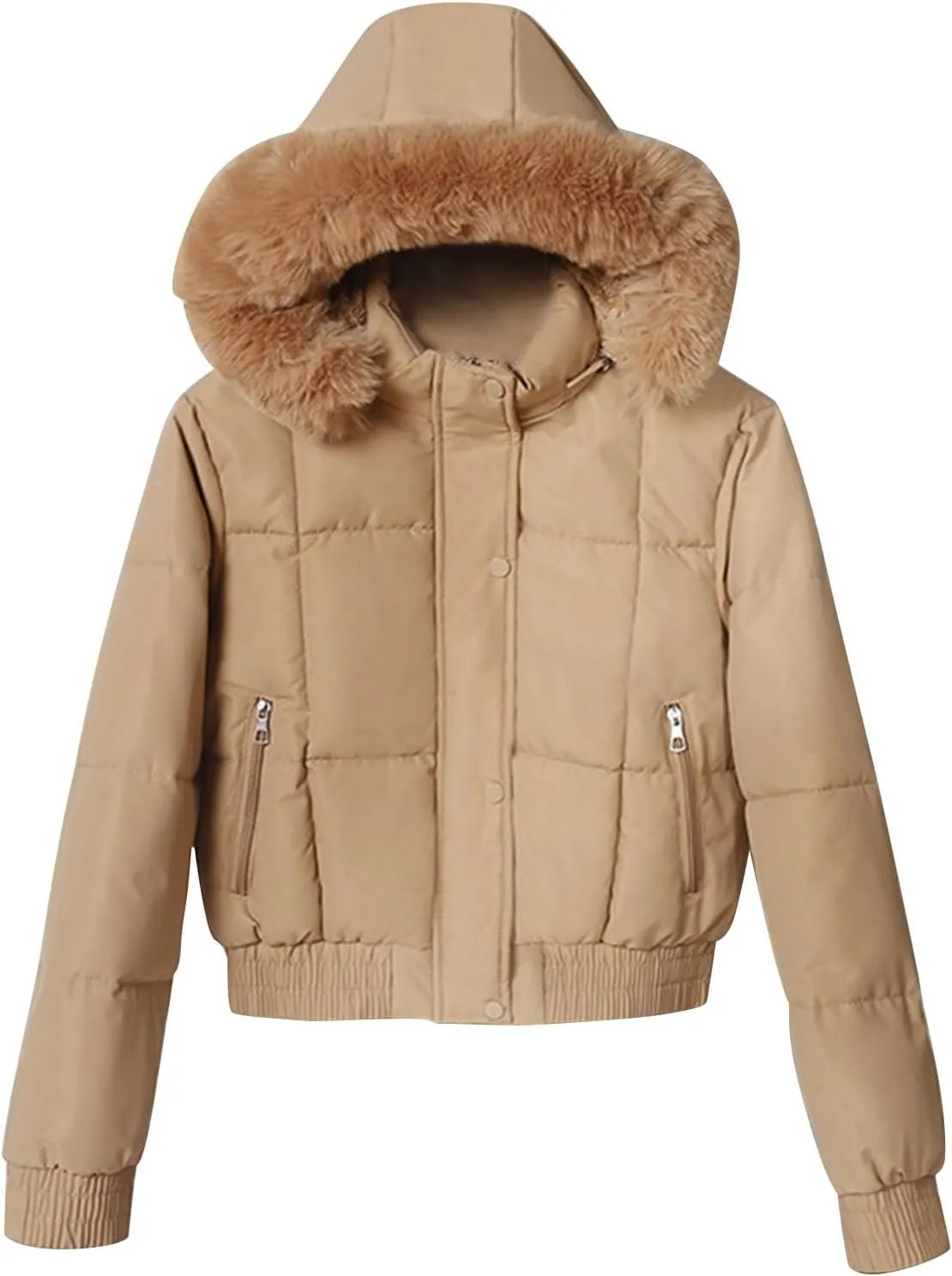 Womens Fleece Lined Puffer Jacket Cropped Down Jacket Fur Hood Winter Jacket Zip up Quilted Jacket Winter Padded Jacket