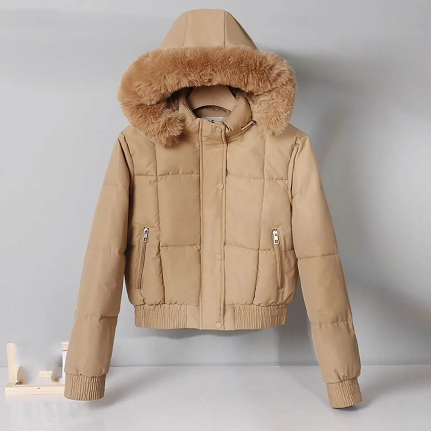 Womens Fleece Lined Puffer Jacket Cropped Down Jacket Fur Hood Winter Jacket Zip up Quilted Jacket Winter Padded Jacket