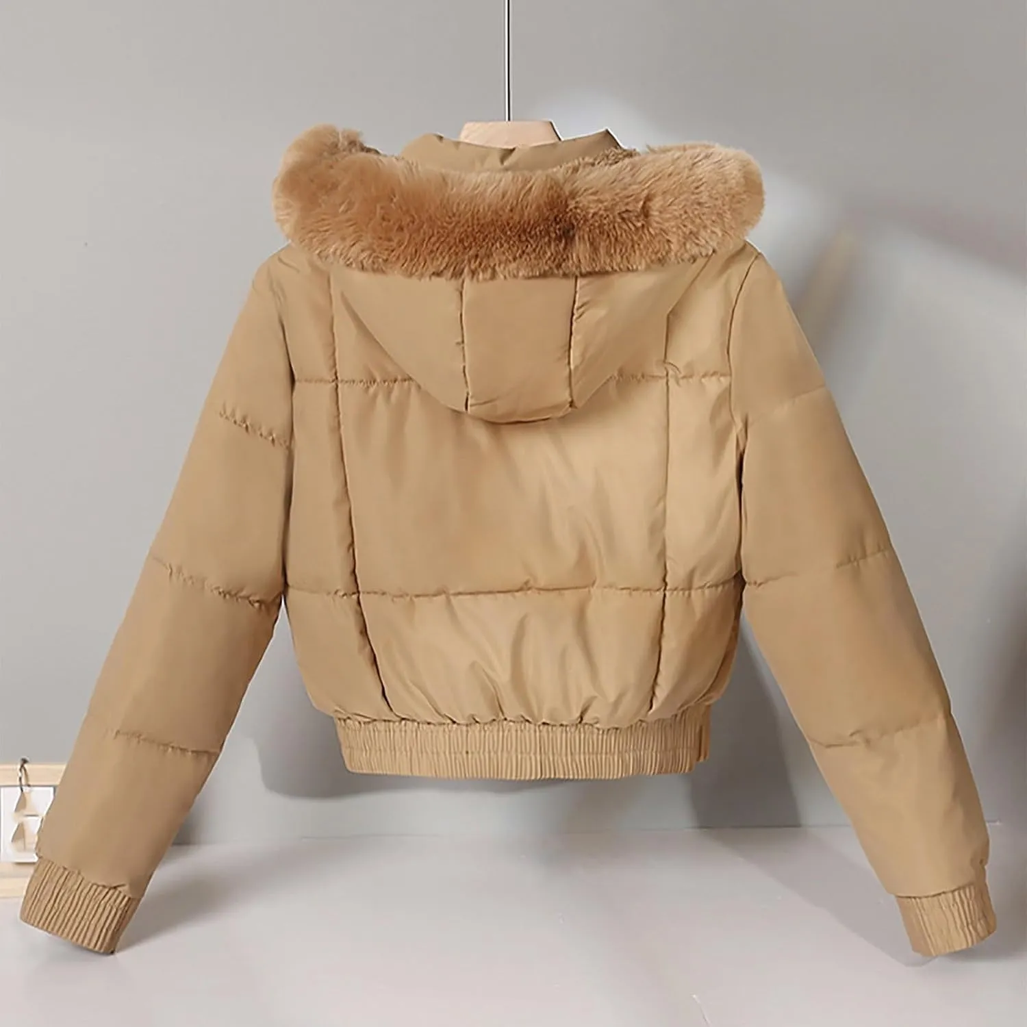 Womens Fleece Lined Puffer Jacket Cropped Down Jacket Fur Hood Winter Jacket Zip up Quilted Jacket Winter Padded Jacket