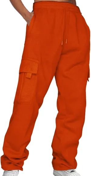Womens Fleece Lined Sweatpants Ladies Solid Color Drawstring Elastic Waist Casual Loose Foot Fleece Sweatpants High