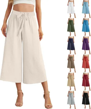 Womens Flowy Linen Pants with Pockets Casual Palazzo Trousers for Women Ladies Wide Leg Beach Loose Capris Flare Pant