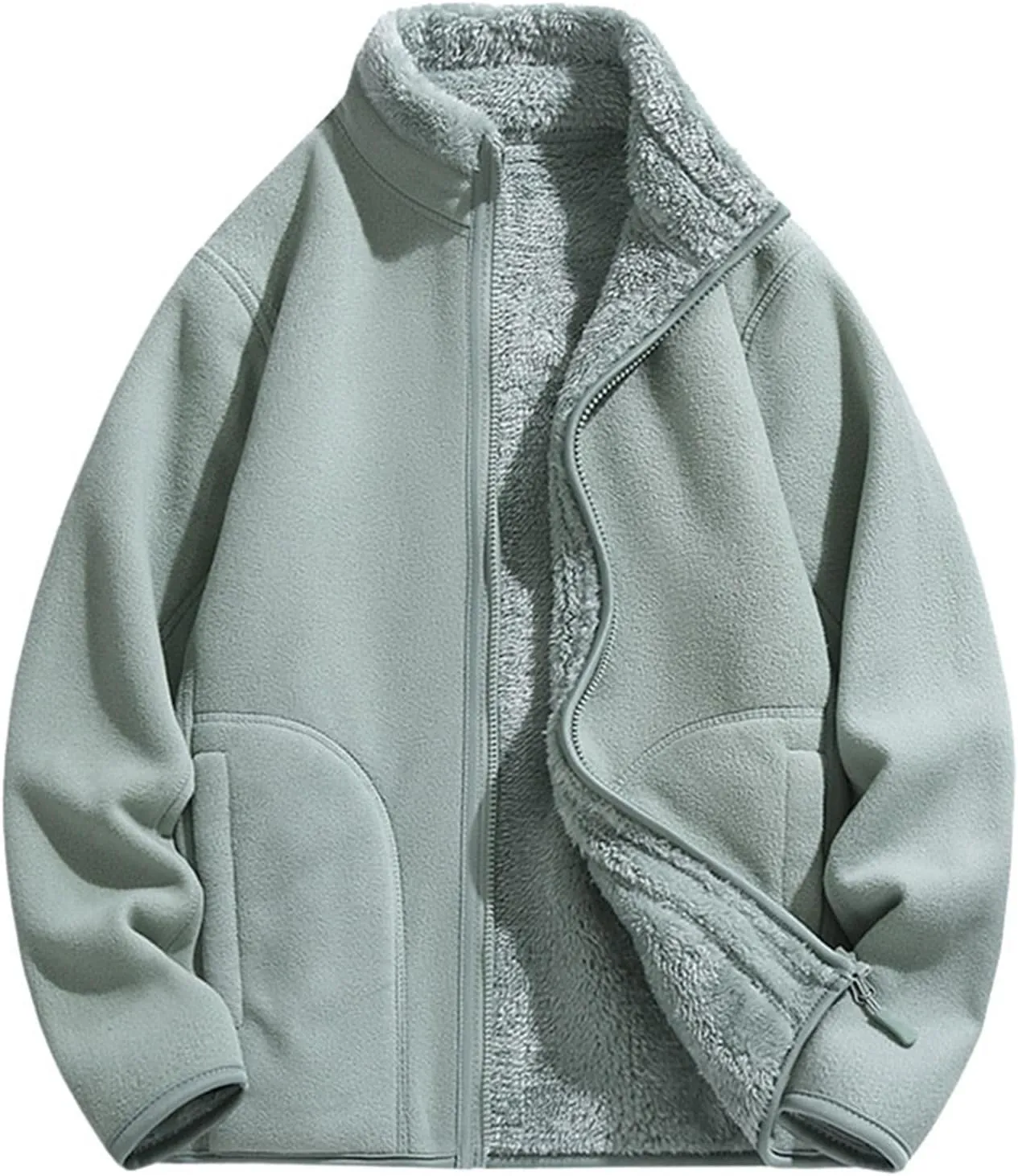 Womens Fuzzy Fleece Jacket Oversized Sherpa Zip Up Stand Collar Sweatshirts Solid Color Casual Winter Warm Outwear