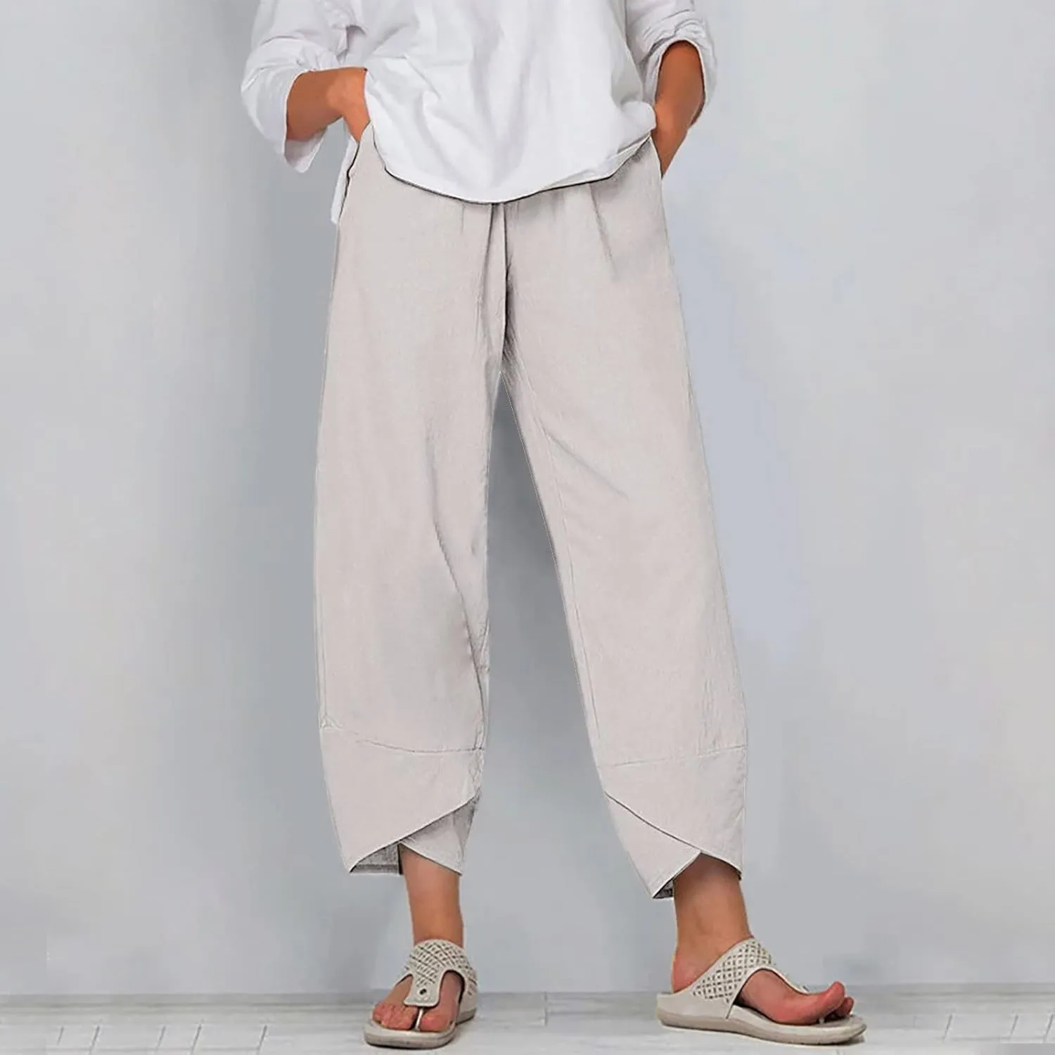 Women's High Elastic Waist Pleated Loose Chiffon Wide Leg Capri Pants Culottes Casual Pleated Plain Long Palazzo Pants