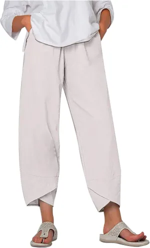 Women's High Elastic Waist Pleated Loose Chiffon Wide Leg Capri Pants Culottes Casual Pleated Plain Long Palazzo Pants