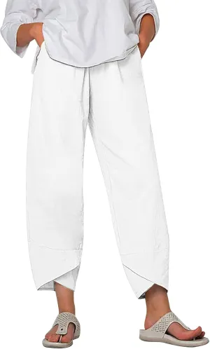 Women's High Elastic Waist Pleated Loose Chiffon Wide Leg Capri Pants Culottes Casual Pleated Plain Long Palazzo Pants