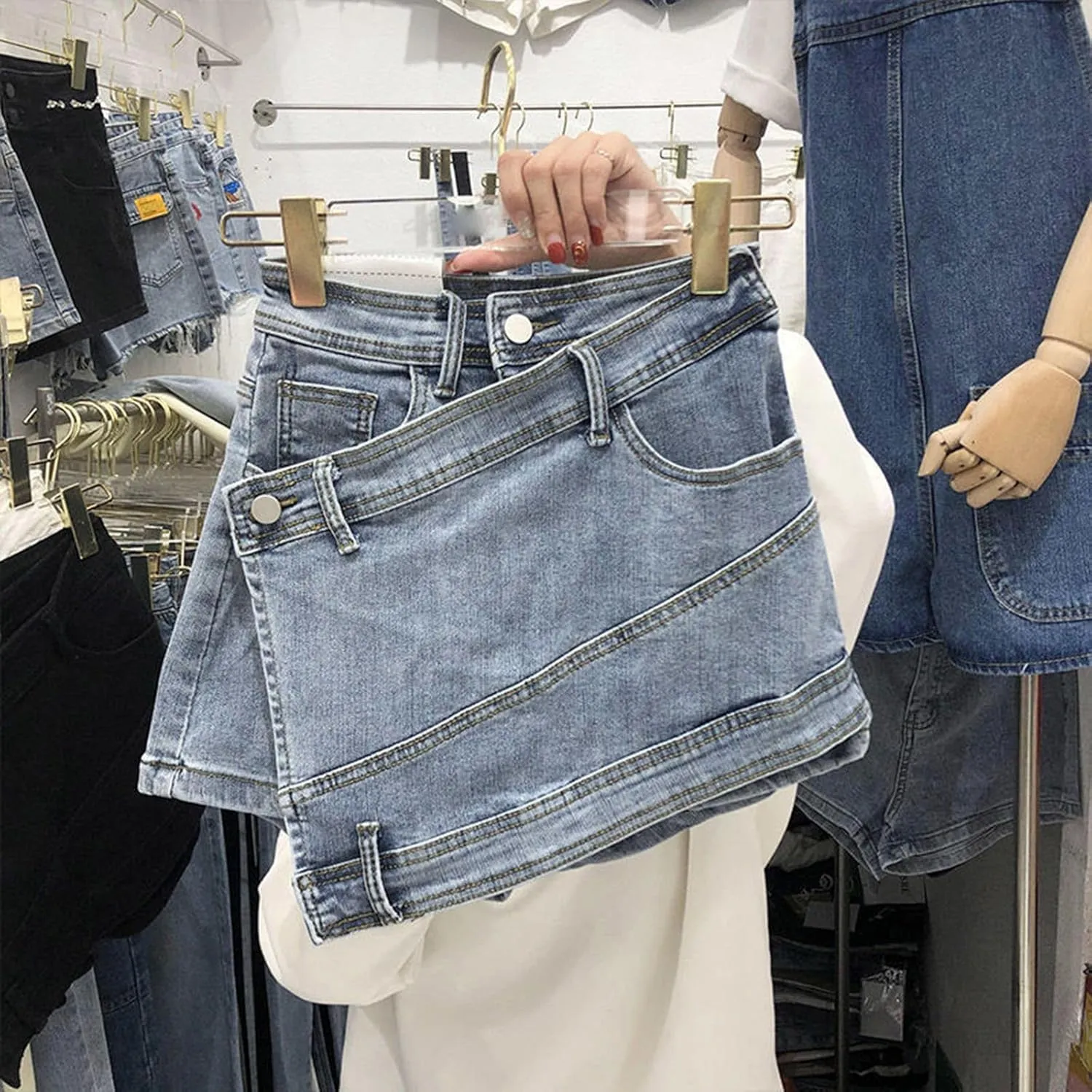 Women's High Waisted Button Front Jean Shorts Denim Casual Wrap Skort Skirt with Pocket Ruffle Trim Denim Skort