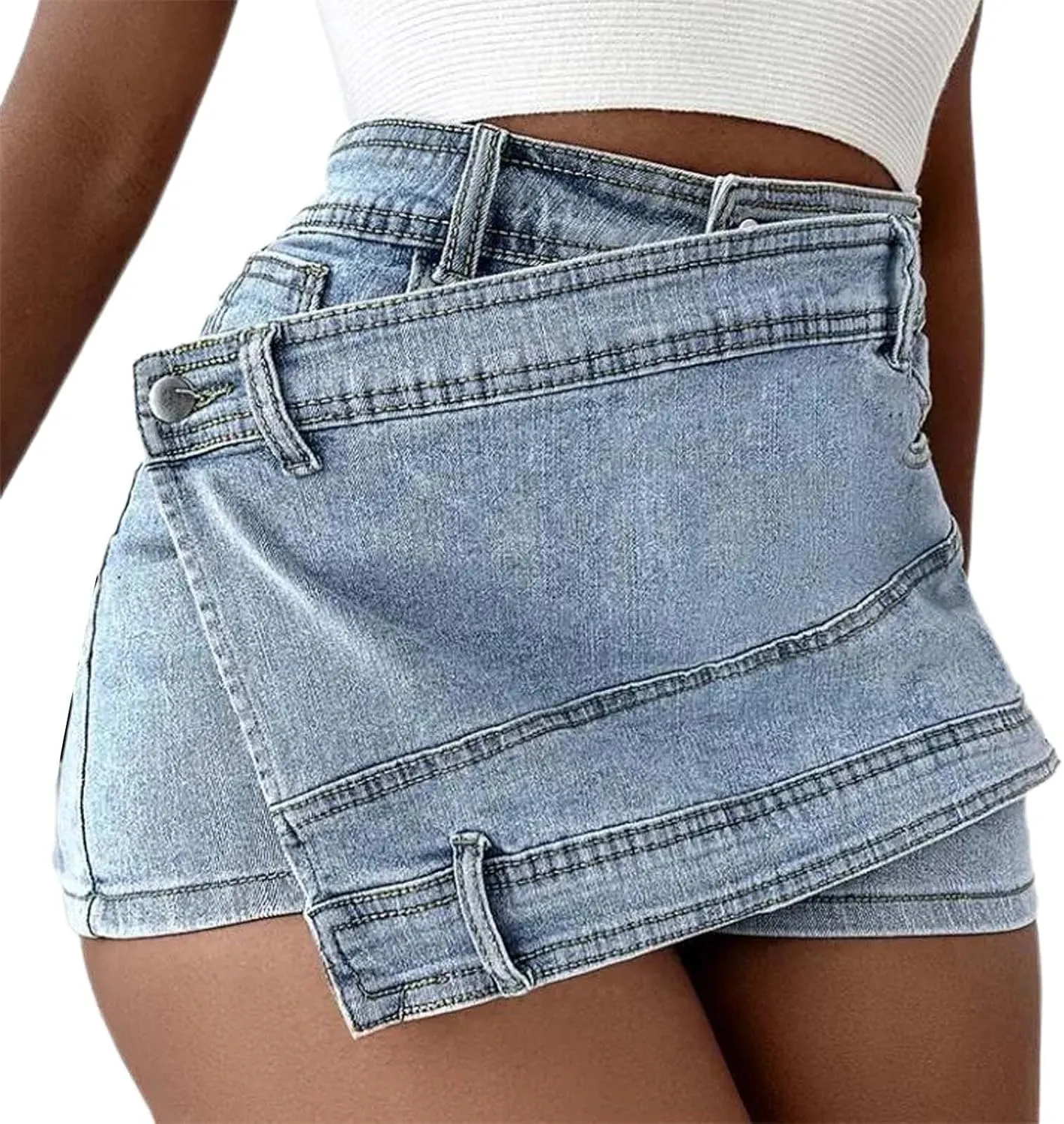 Women's High Waisted Button Front Jean Shorts Denim Casual Wrap Skort Skirt with Pocket Ruffle Trim Denim Skort
