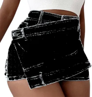 Women's High Waisted Button Front Jean Shorts Denim Casual Wrap Skort Skirt with Pocket Ruffle Trim Denim Skort