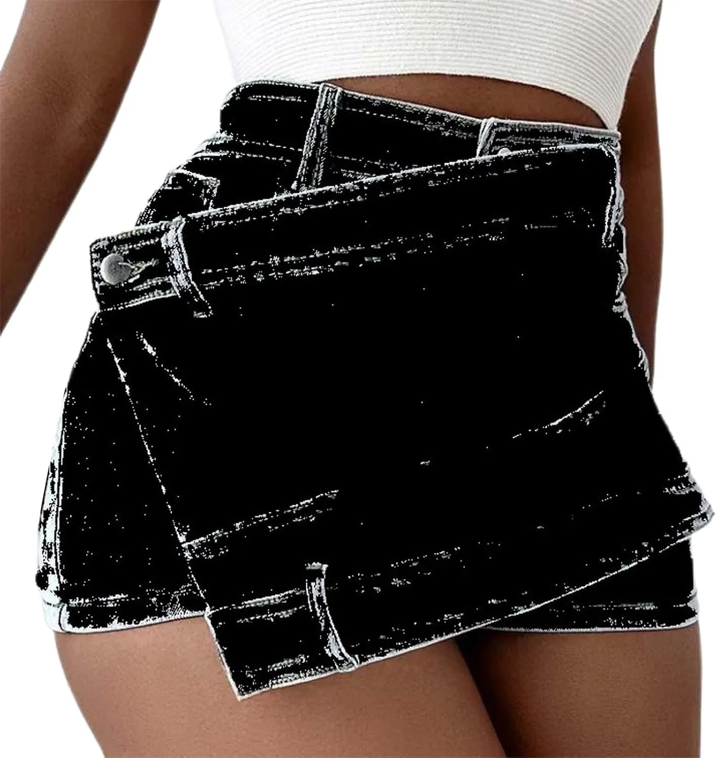 Women's High Waisted Button Front Jean Shorts Denim Casual Wrap Skort Skirt with Pocket Ruffle Trim Denim Skort