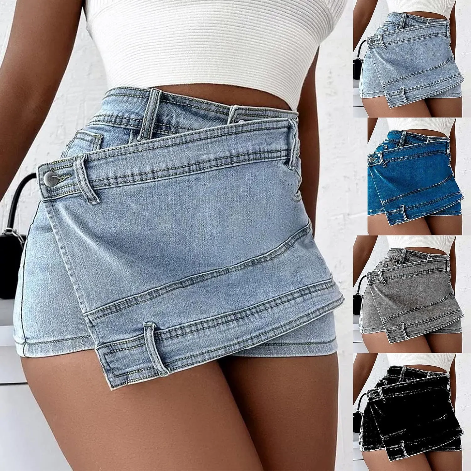 Women's High Waisted Button Front Jean Shorts Denim Casual Wrap Skort Skirt with Pocket Ruffle Trim Denim Skort