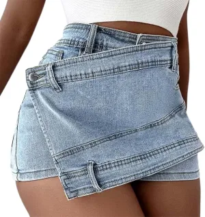 Women's High Waisted Button Front Jean Shorts Denim Casual Wrap Skort Skirt with Pocket Ruffle Trim Denim Skort