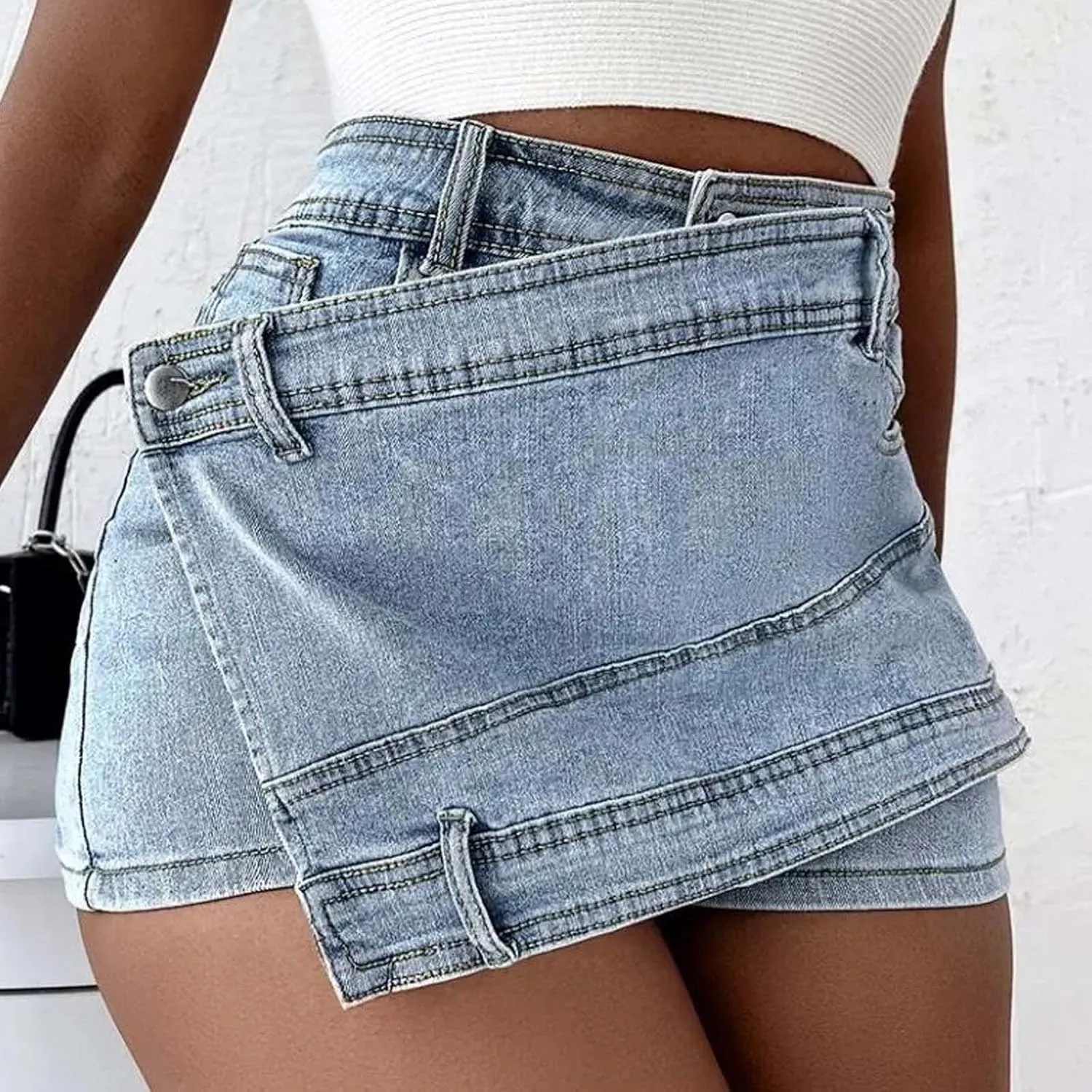 Women's High Waisted Button Front Jean Shorts Denim Casual Wrap Skort Skirt with Pocket Ruffle Trim Denim Skort