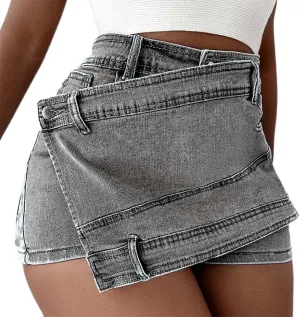 Women's High Waisted Button Front Jean Shorts Denim Casual Wrap Skort Skirt with Pocket Ruffle Trim Denim Skort