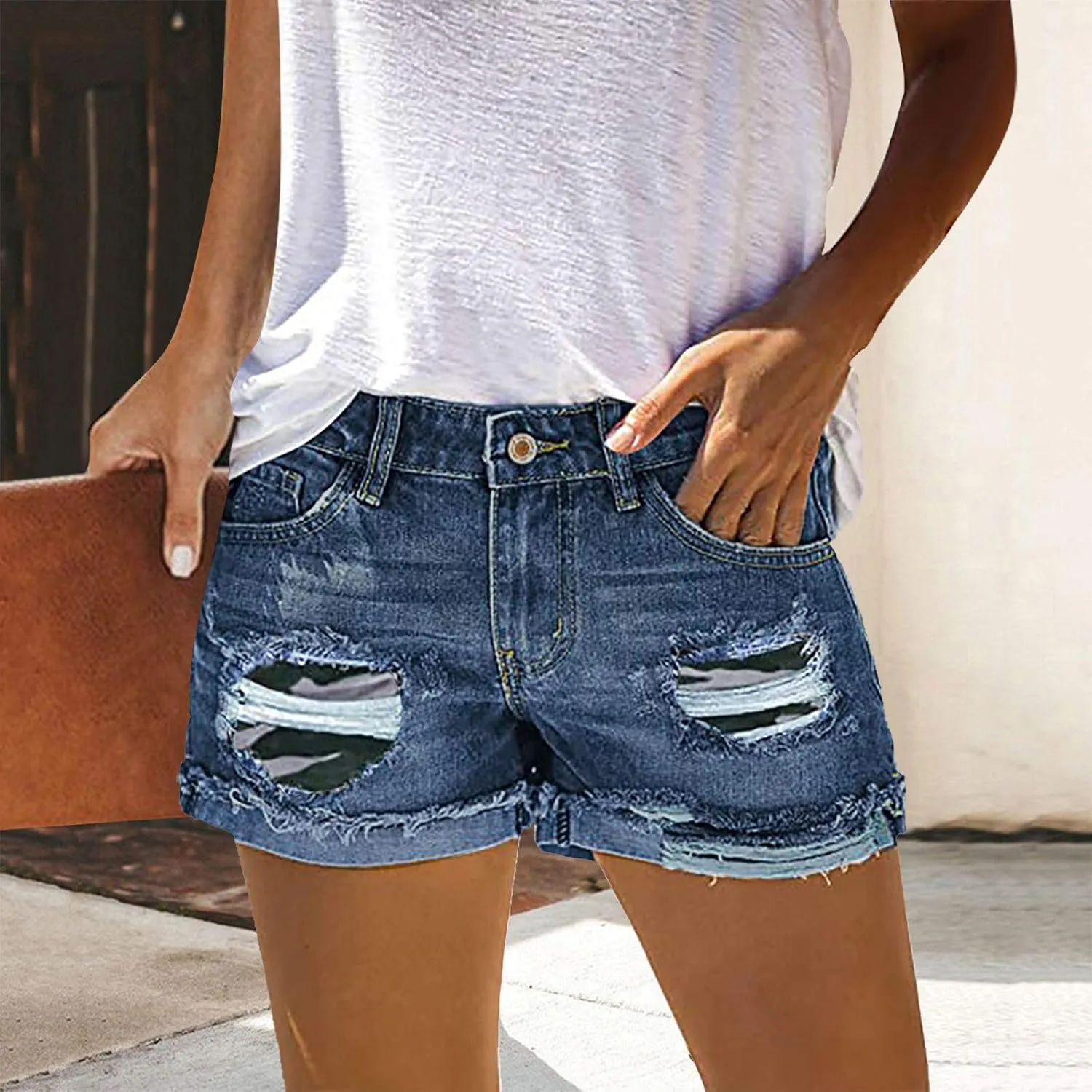 Women's High Waisted Denim Shorts Ripped Distressed Stretchy Casual Jean Shorts Raw Hem Summer Hot Shorts with Pockets
