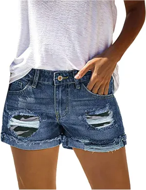 Women's High Waisted Denim Shorts Ripped Distressed Stretchy Casual Jean Shorts Raw Hem Summer Hot Shorts with Pockets